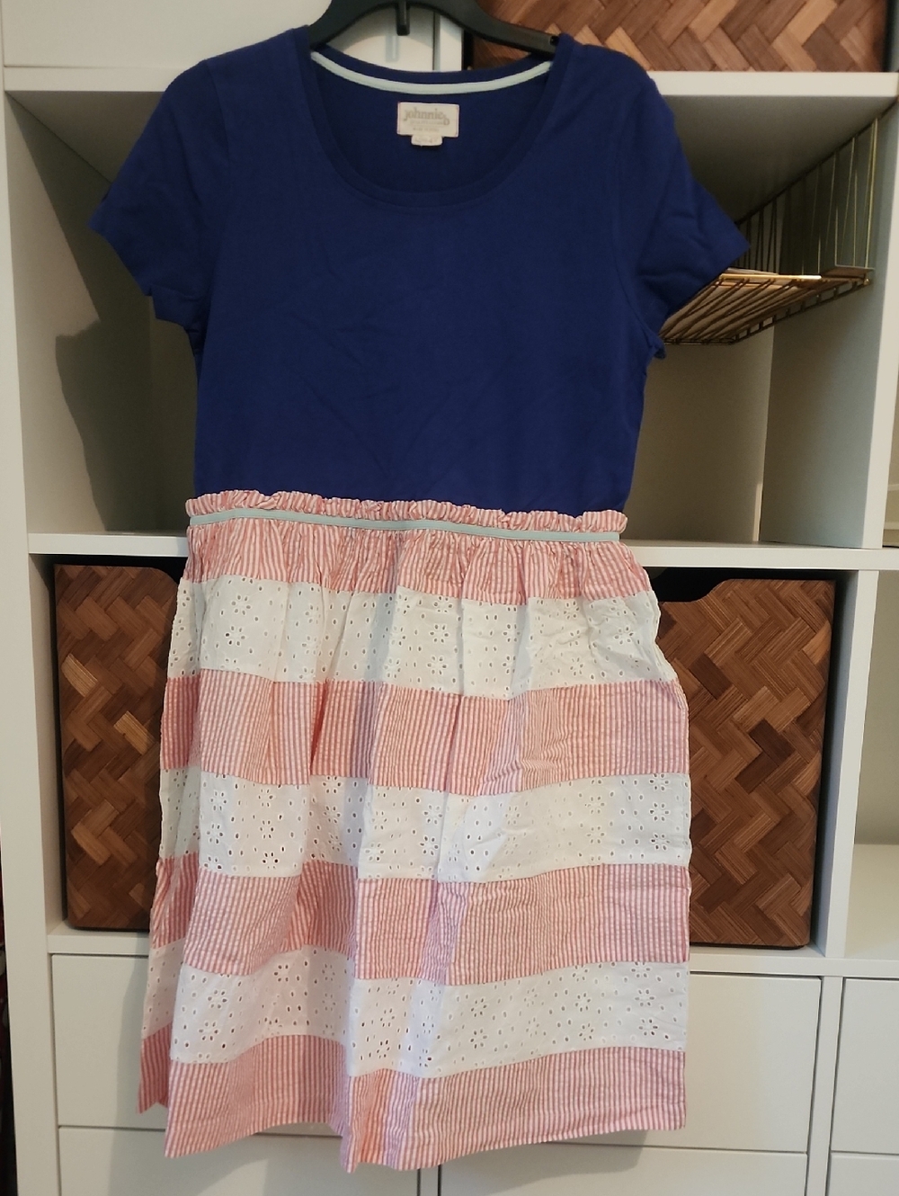 Johnnie B Blue & Red And White Striped Eyelet Waist Kids Dress